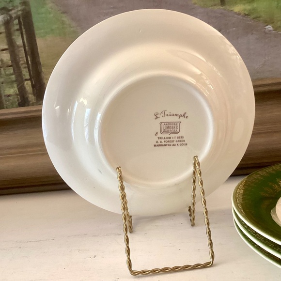 4 soup bowls American Limoges L'Triomphe Trillium Forest Green Dinnerware 22K - Picture 7 of 9